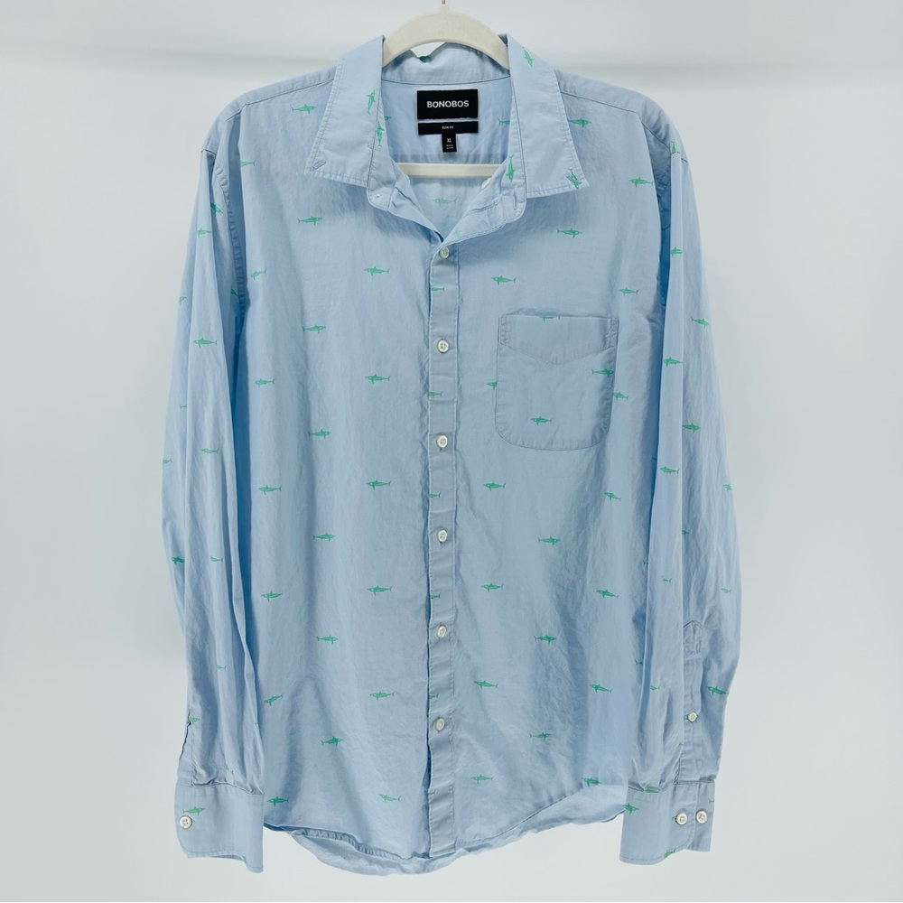 Bonobos Slim Fit Shark Print Button-Down Long Sleeve Shirt, Light Blue, Mens XL